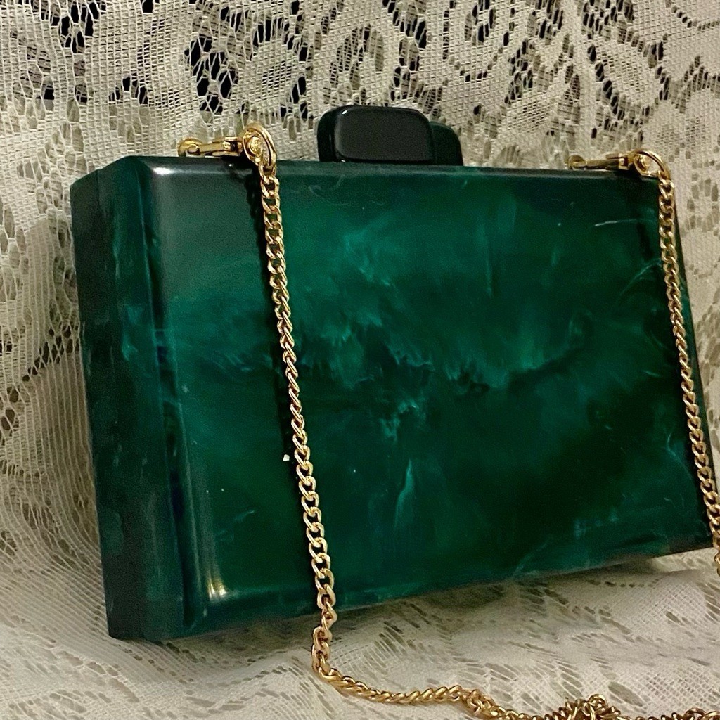 Antique-Art Deco Elegant Teal Green Lucite Clutch-Crossbody Bag 7.5in x 4.5in x