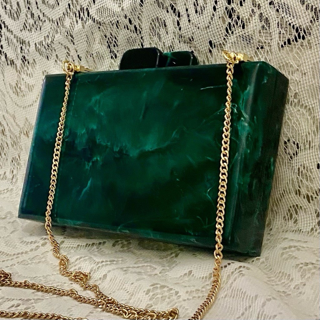 Antique-Art Deco Elegant Teal Green Lucite Clutch-Crossbody Bag 7.5in x 4.5in x