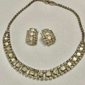 Vintage Kramer 16-inch Silver Tone Clear Crystals Necklace and Earrings Set