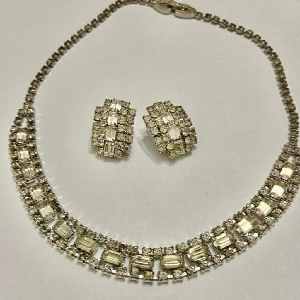 Vintage Kramer 16-inch Silver Tone Clear Crystals Necklace and Earrings Set