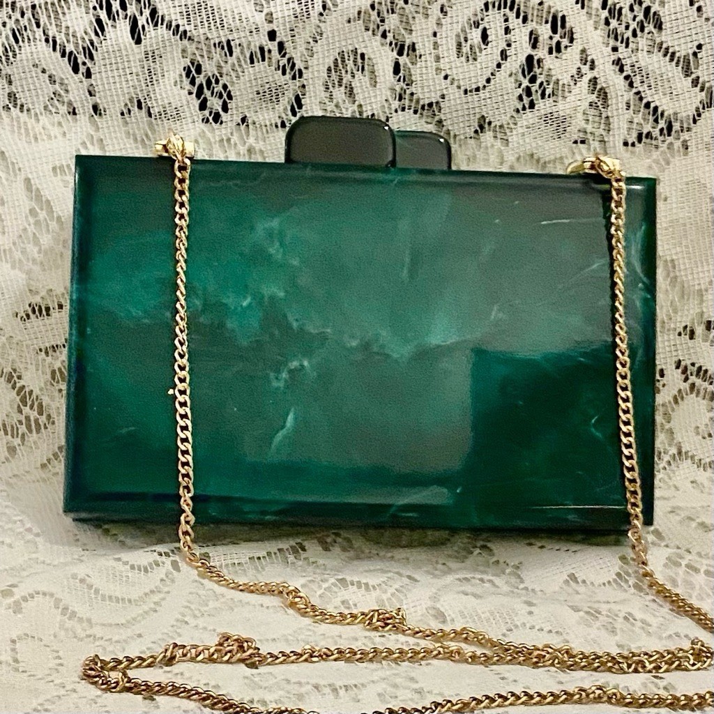 Antique-Art Deco Elegant Teal Green Lucite Clutch-Crossbody Bag 7.5in x 4.5in x