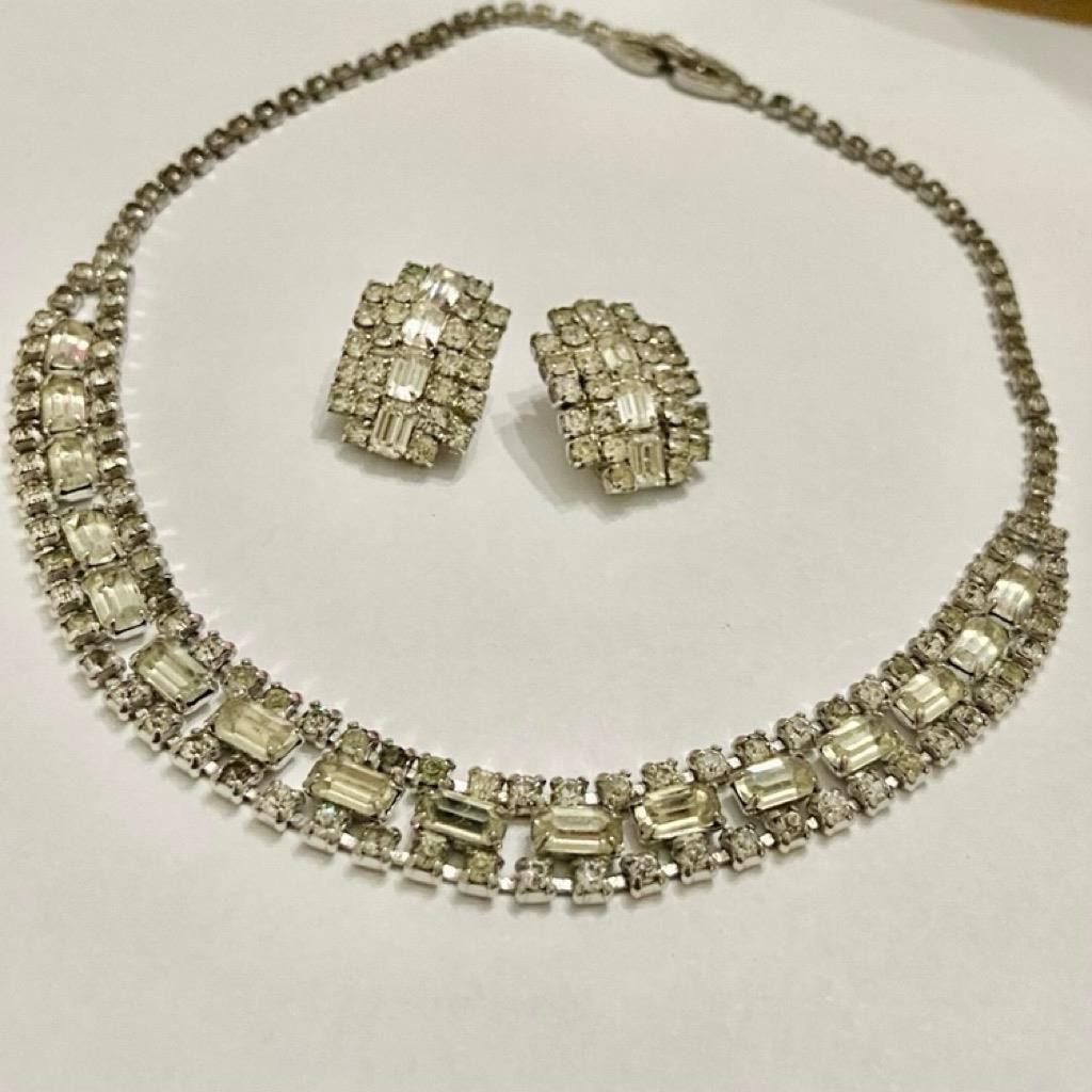 Vintage Kramer 16-inch Silver Tone Clear Crystals Necklace and Earrings Set
