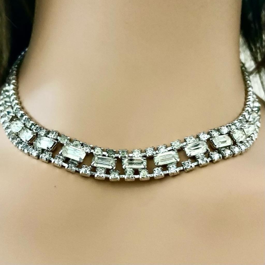 Vintage Kramer 16-inch Silver Tone Clear Crystals Necklace and Earrings Set