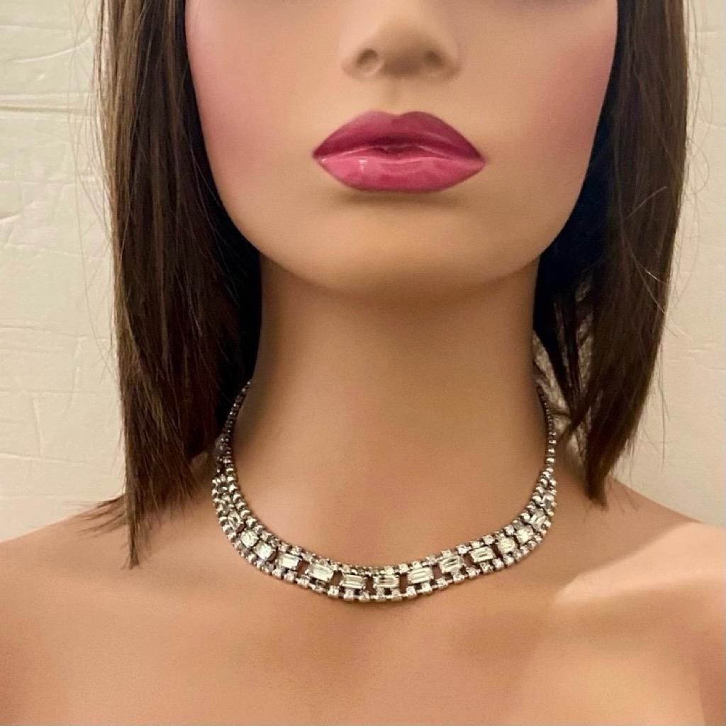 Vintage Kramer 16-inch Silver Tone Clear Crystals Necklace and Earrings Set