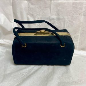 Vintage, Black Suede Leather, Boxy, Gold Clasp Hand Bag 8in x 4.5in x 3.5in