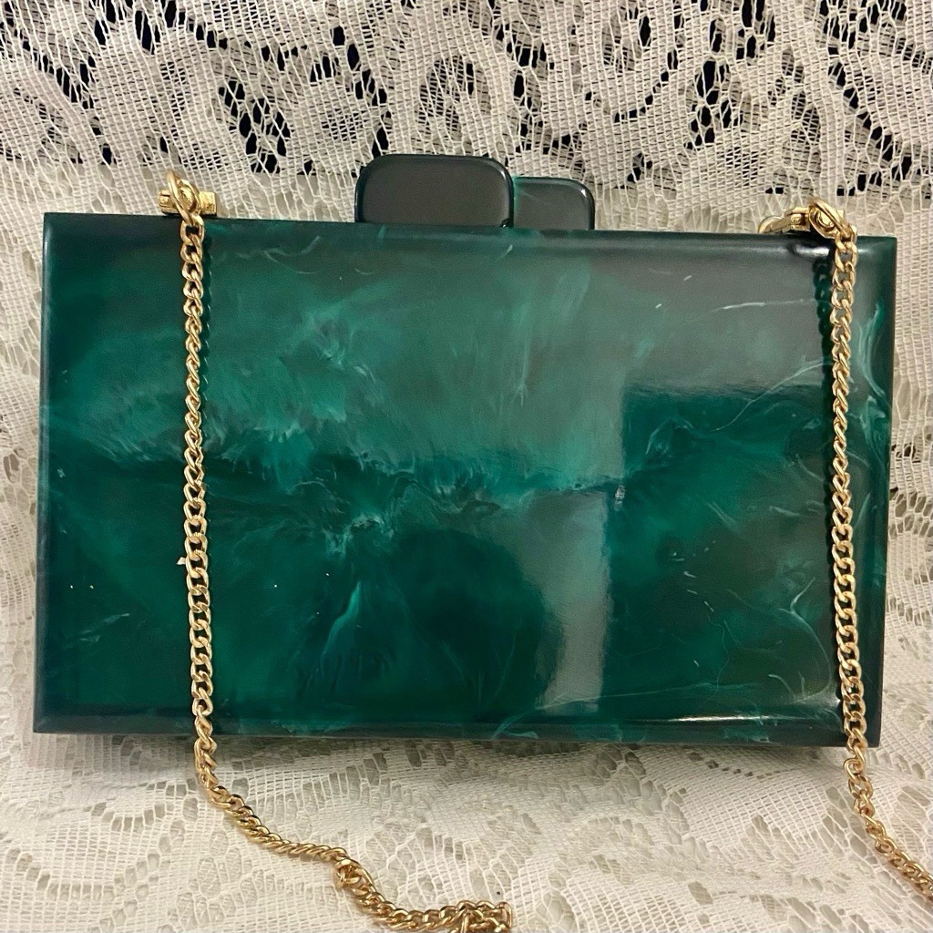 Antique-Art Deco Elegant Teal Green Lucite Clutch-Crossbody Bag 7.5in x 4.5in x