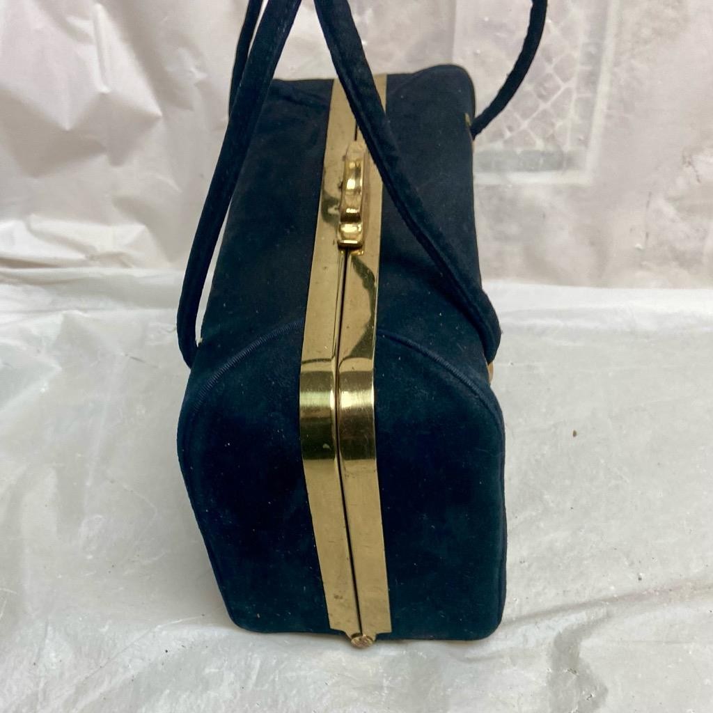 Vintage, Black Suede Leather, Boxy, Gold Clasp Hand Bag 8in x 4.5in x 3.5in