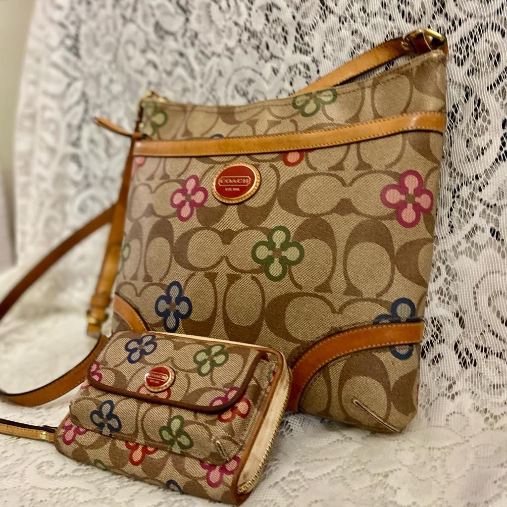 Coach- Peyton Signature-Multi-color Floral Crossbody and Wallet Set