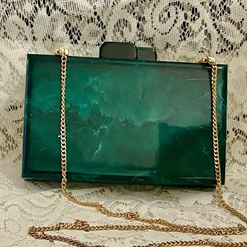 Antique-Art Deco Elegant Teal Green Lucite Clutch-Crossbody Bag 7.5in x 4.5in x