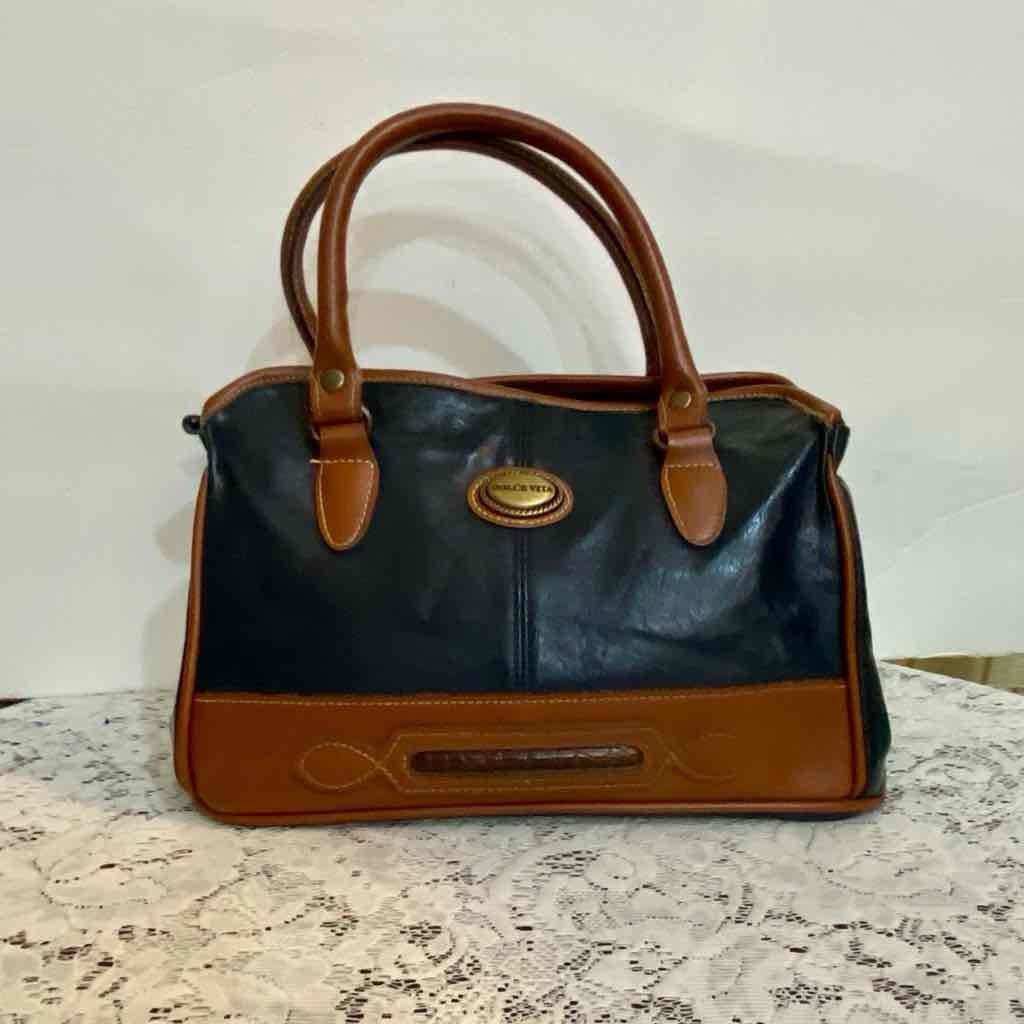 Dolce Vita Black Leather Handbag with Brown Leather Trim/ Strap