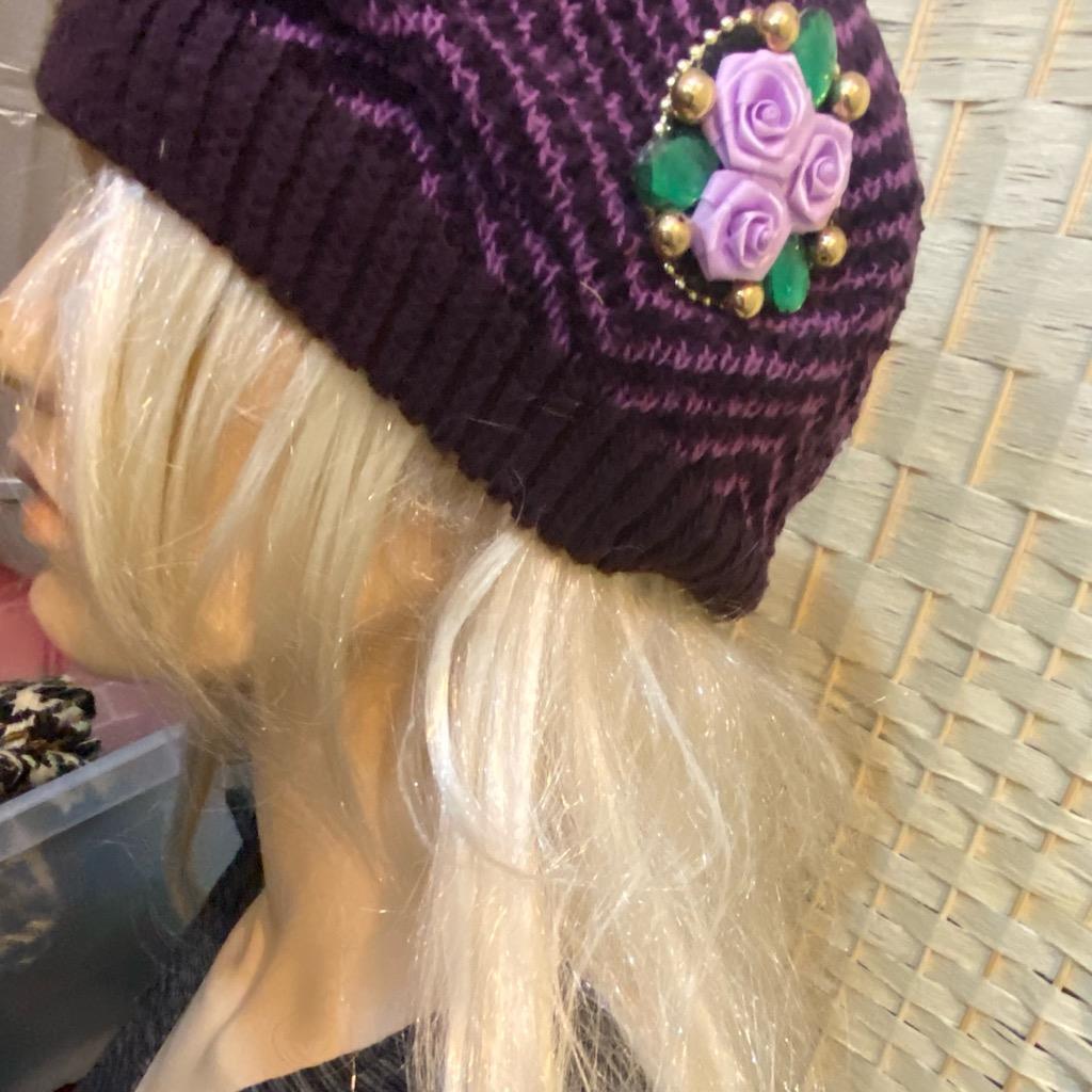 Beautiful, Purple -Black Knitted Cloche Hat with Floral Accent