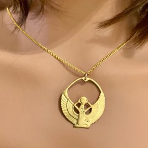 Vintage Egyptian Winged Goddess Gold Filled Cameo- 18in Gold Tone Chain Necklace