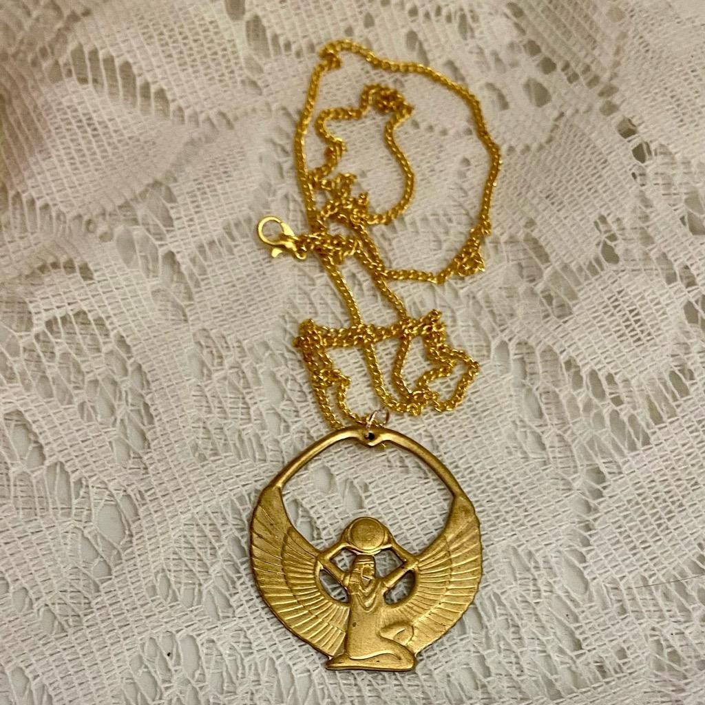Vintage Egyptian Winged Goddess Gold Filled Cameo- 18in Gold Tone Chain Necklace
