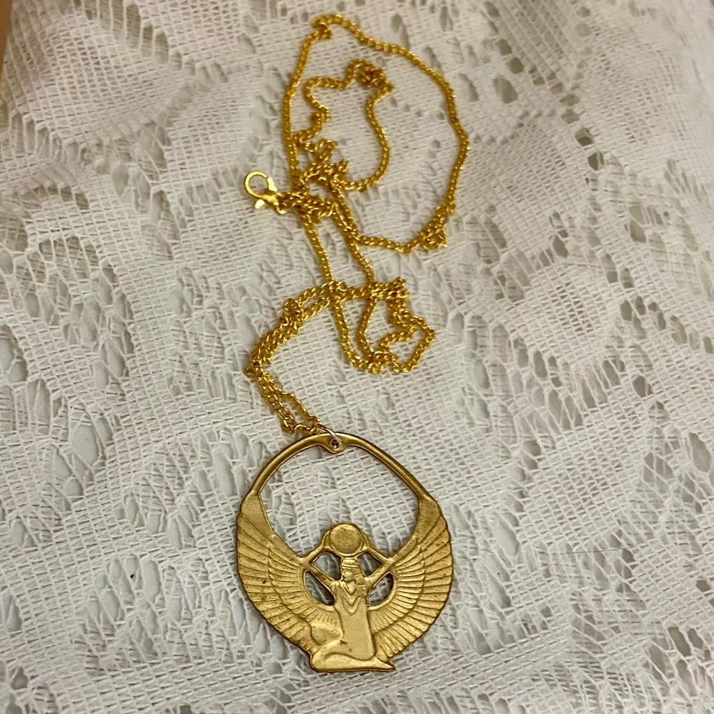 Vintage Egyptian Winged Goddess Gold Filled Cameo- 18in Gold Tone Chain Necklace