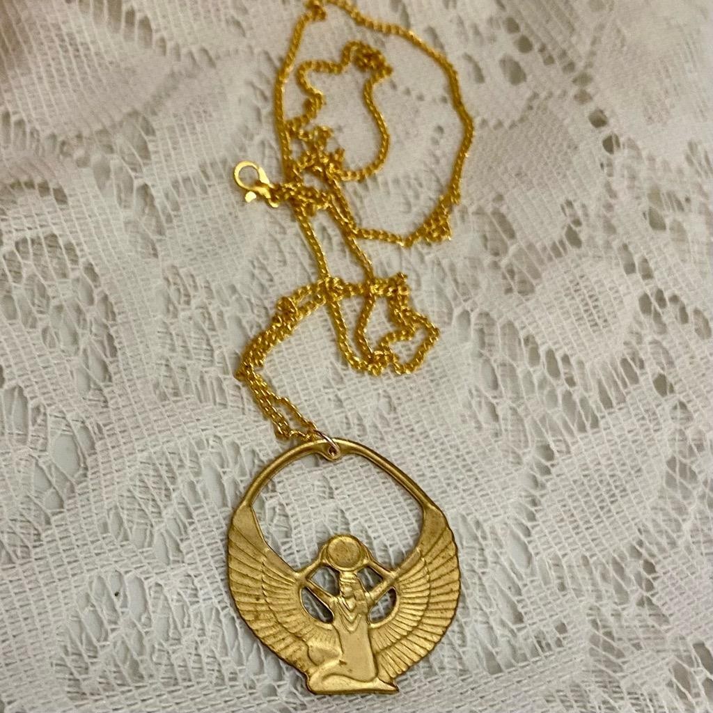 Vintage Egyptian Winged Goddess Gold Filled Cameo- 18in Gold Tone Chain Necklace