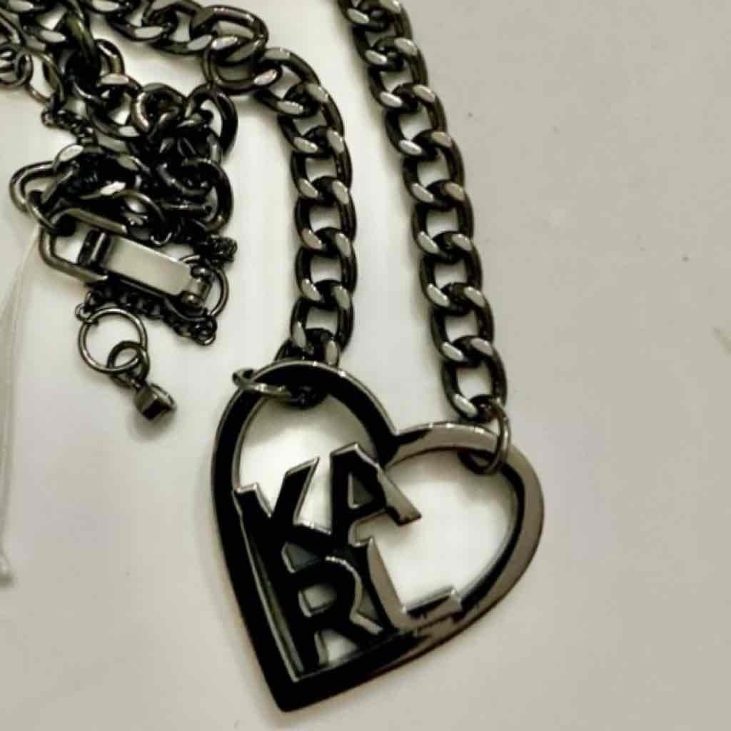 Karl Lagerfeld Black Gun Metal Heart Pendant Necklace