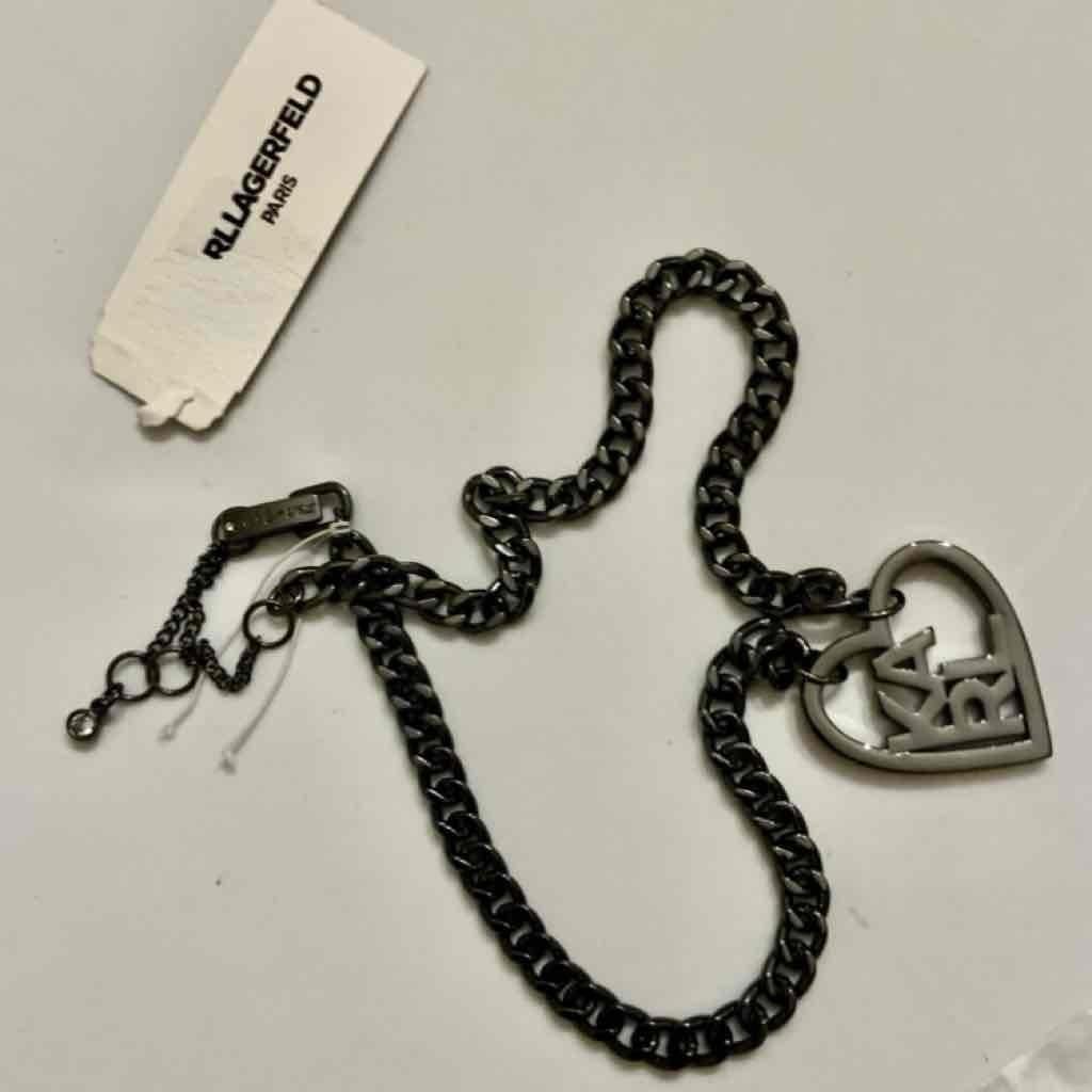 Karl Lagerfeld Black Gun Metal Heart Pendant Necklace