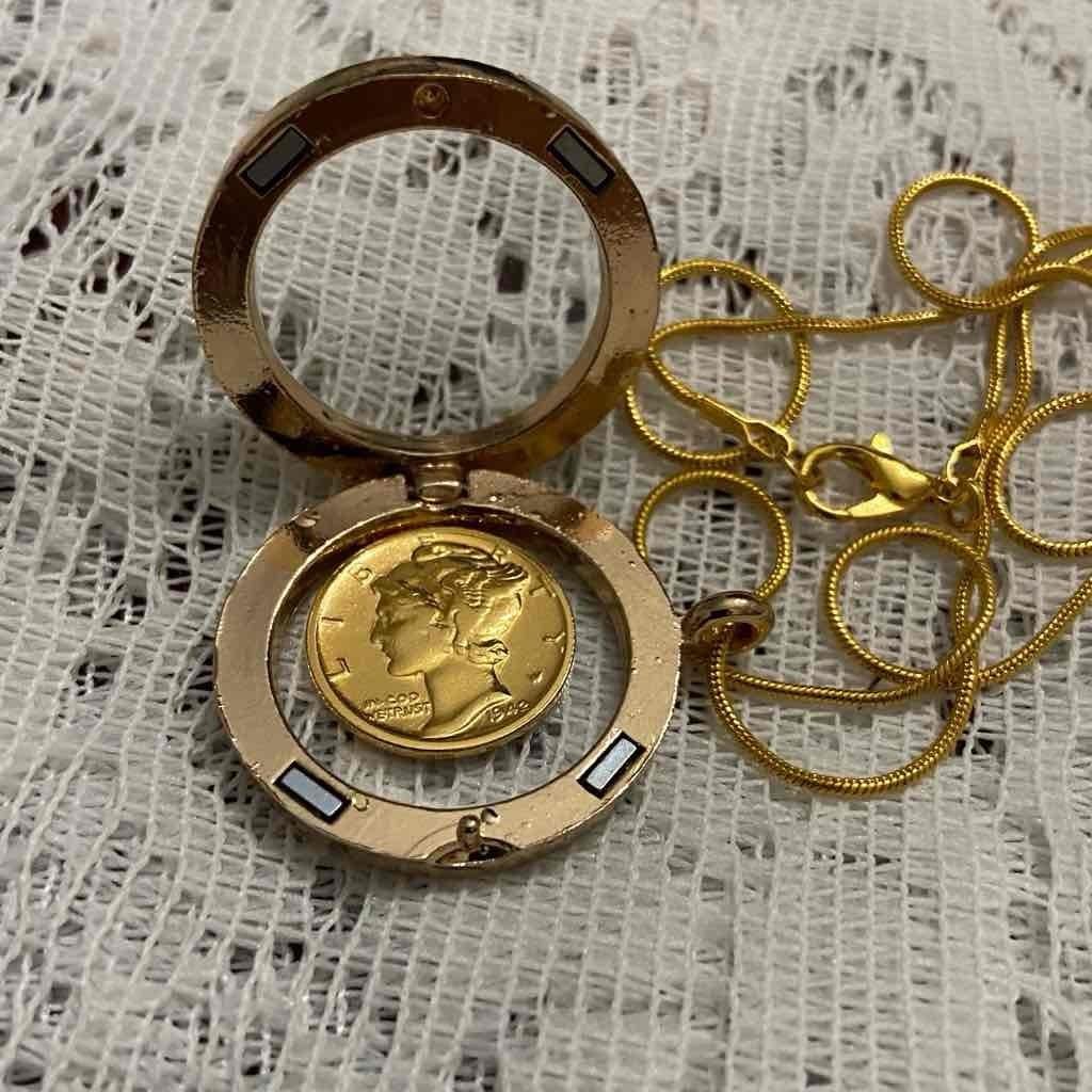 Authentic 1942 Silver (Vermeil) Mercury Dime, with Locket and 18-inch Gold Chain