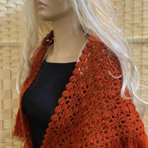 Fabulous, Rust Orange, Medium Size Hand Crocheted Shawl with Fringes (48inx30in)