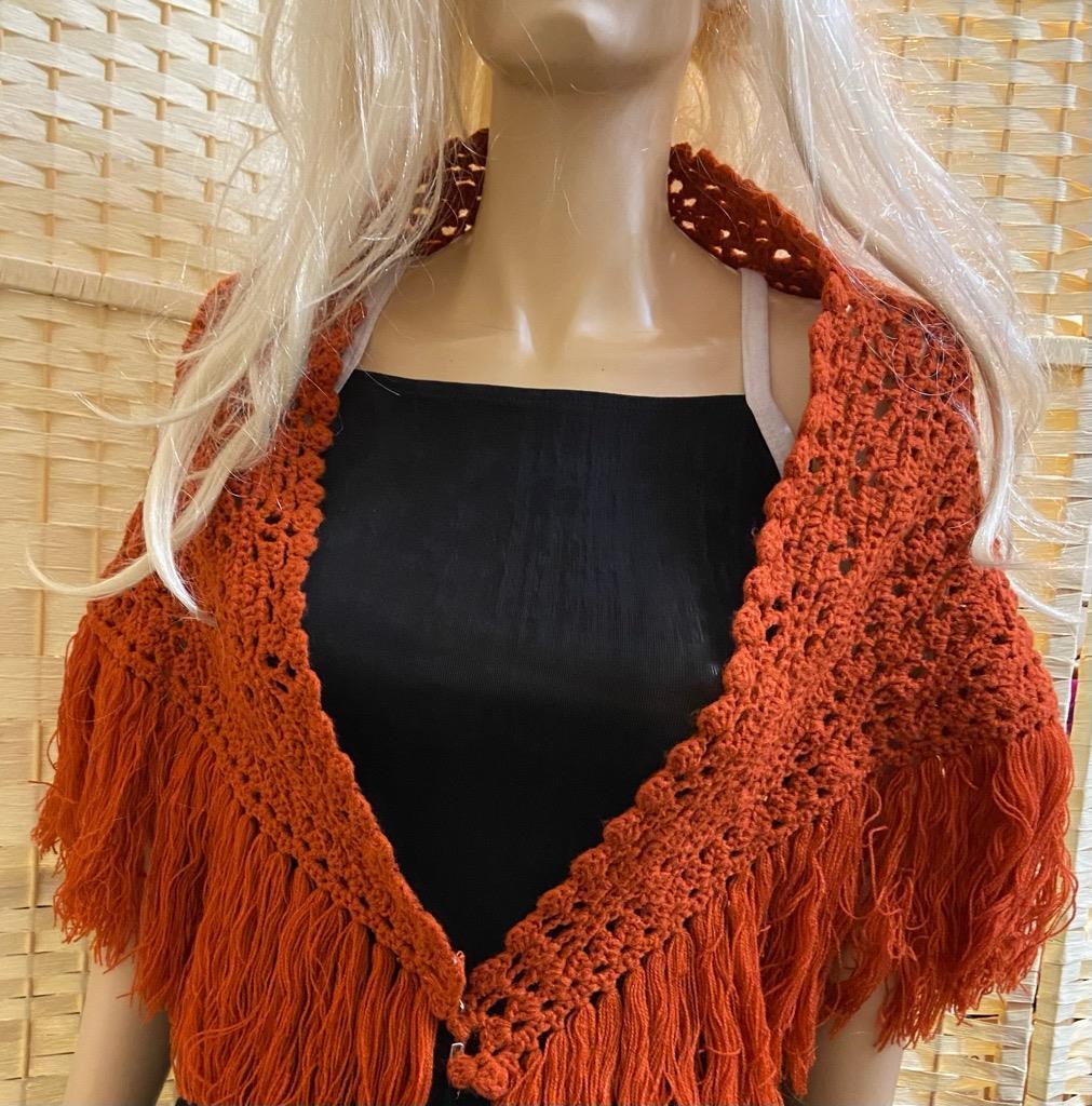 Fabulous, Rust Orange, Medium Size Hand Crocheted Shawl with Fringes (48inx30in)