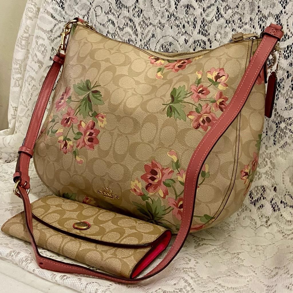 Coach – Fiona Zip Tote Signature Pink Floral, Hobo- Shoulder Bag and Wallet Set