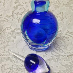 Vintage, 2-pc Heavy, 7-inch Blue Glass Perfume Bottle with Lid and Dipper