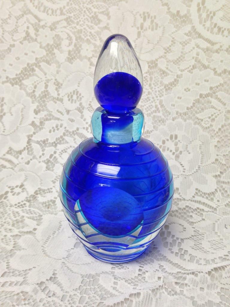 Vintage, 2-pc Heavy, 7-inch Blue Glass Perfume Bottle with Lid and Dipper