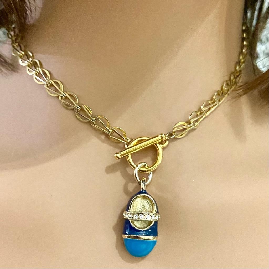 Vintage, Blue-Black Enamel Shoe Gold Tone Necklace