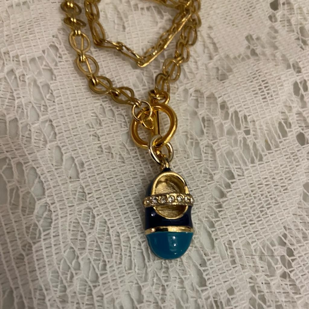 Vintage, Blue-Black Enamel Shoe Gold Tone Necklace