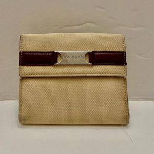 Authentic, Bulgari Beige Canvas Compact Bi-fold Wallet 4.5in x 4in