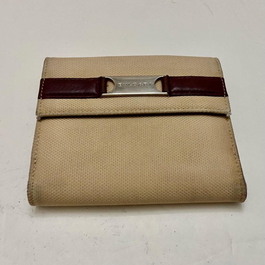 Authentic, Bulgari Beige Canvas Compact Bi-fold Wallet 4.5in x 4in