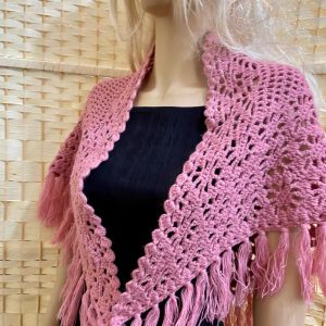 Elegant, Pink Hand Crocheted Shawl with Fringes 48inx30in