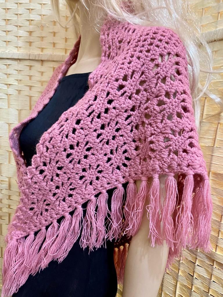 Elegant, Pink Hand Crocheted Shawl with Fringes 48inx30in