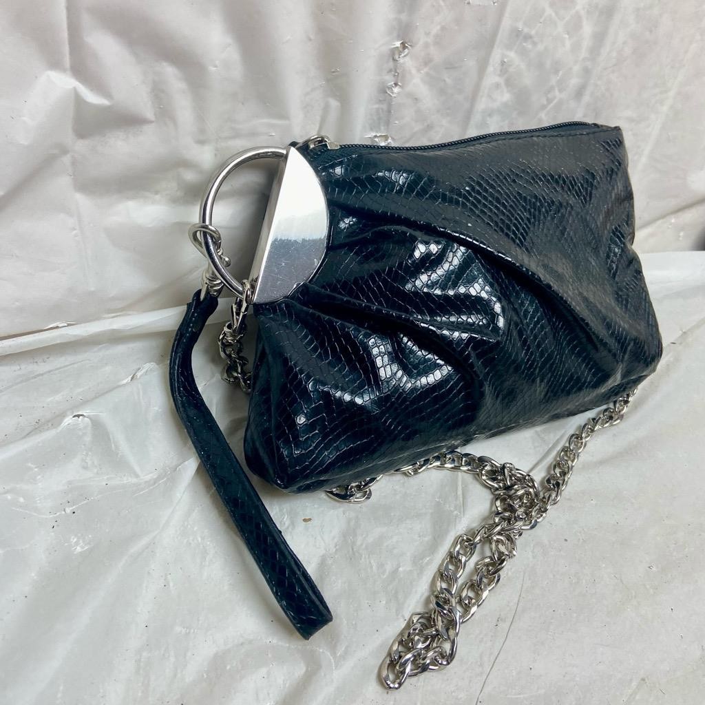 Vintage Black Faux Snakeskin Wallet-Wristlet Shoulder Bag