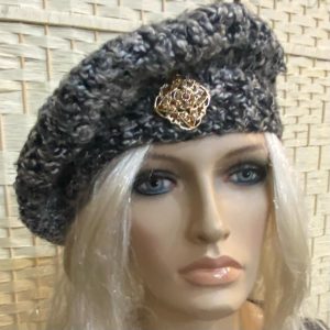 Elegant, Grayish Black Beret- Cloche Beanie Hat with Rhinestones Accent