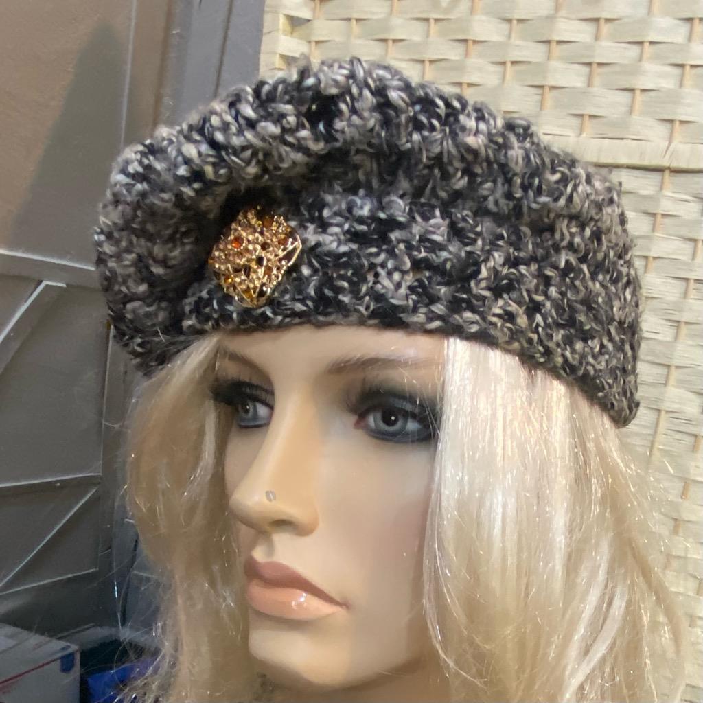Elegant, Grayish Black Beret- Cloche Beanie Hat with Rhinestones Accent