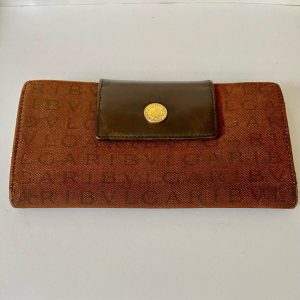 Authentic Bulgari Tan Mono Coated Canvas with Brown Leather Trim Long Wallet