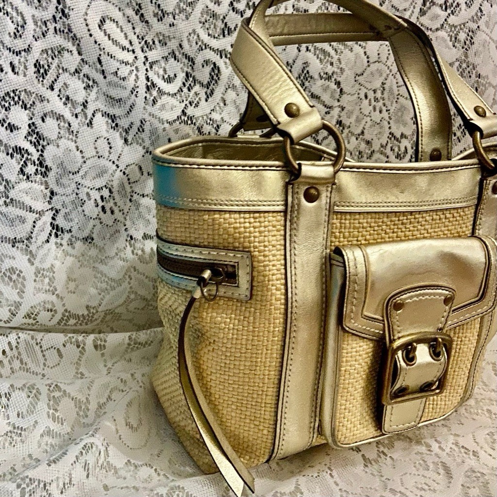Coach Legacy 113 Beige Textured Straw Signature-Gold Leather Trim Summer Handba