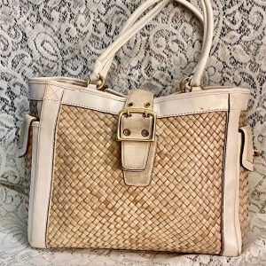 Coach 4433 Beige Straw w/ Suede Leather Trim Satchel- Shoulder Bag