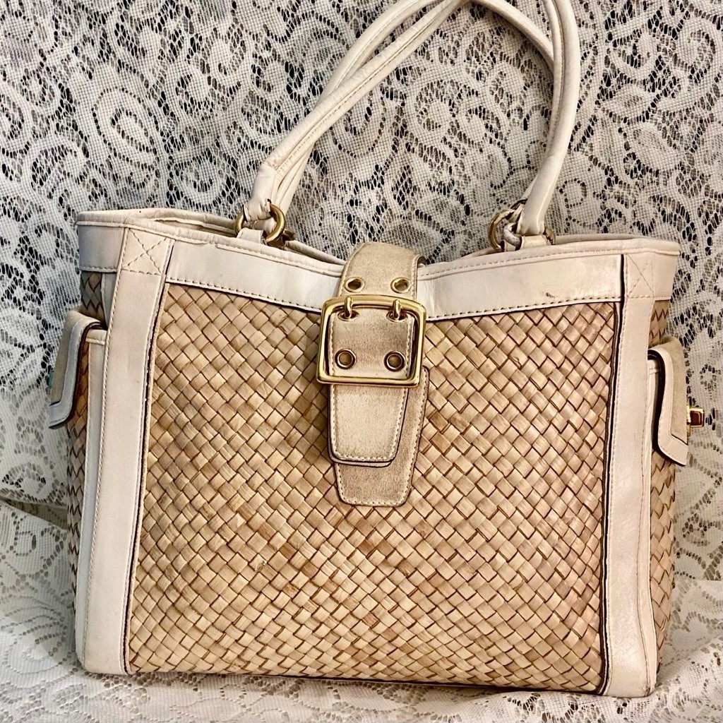Coach 4433 Beige Straw w/ Suede Leather Trim Satchel- Shoulder Bag