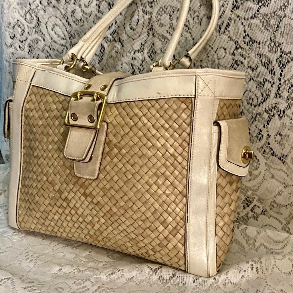 Coach 4433 Beige Straw w/ Suede Leather Trim Satchel- Shoulder Bag