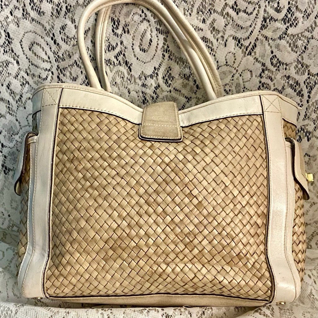Coach 4433 Beige Straw w/ Suede Leather Trim Satchel- Shoulder Bag