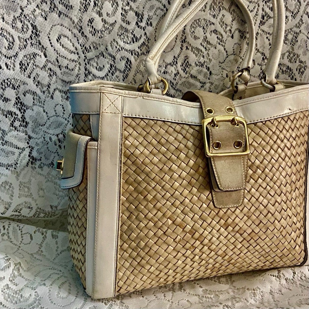 Coach 4433 Beige Straw w/ Suede Leather Trim Satchel- Shoulder Bag