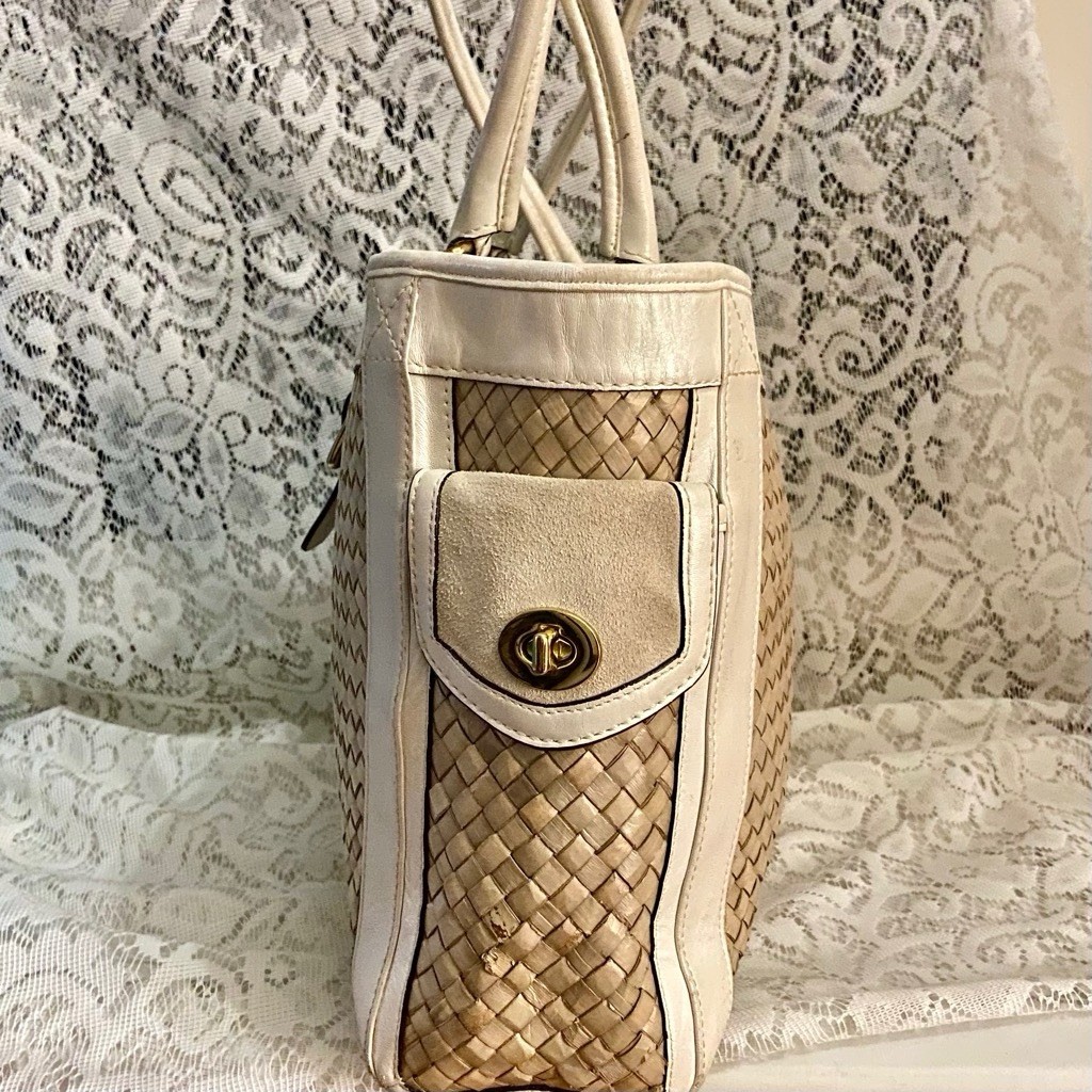 Coach 4433 Beige Straw w/ Suede Leather Trim Satchel- Shoulder Bag