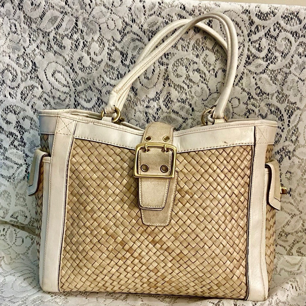 Coach 4433 Beige Straw w/ Suede Leather Trim Satchel- Shoulder Bag