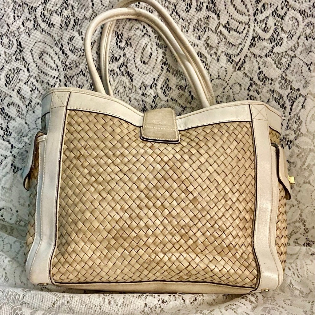 Coach 4433 Beige Straw w/ Suede Leather Trim Satchel- Shoulder Bag