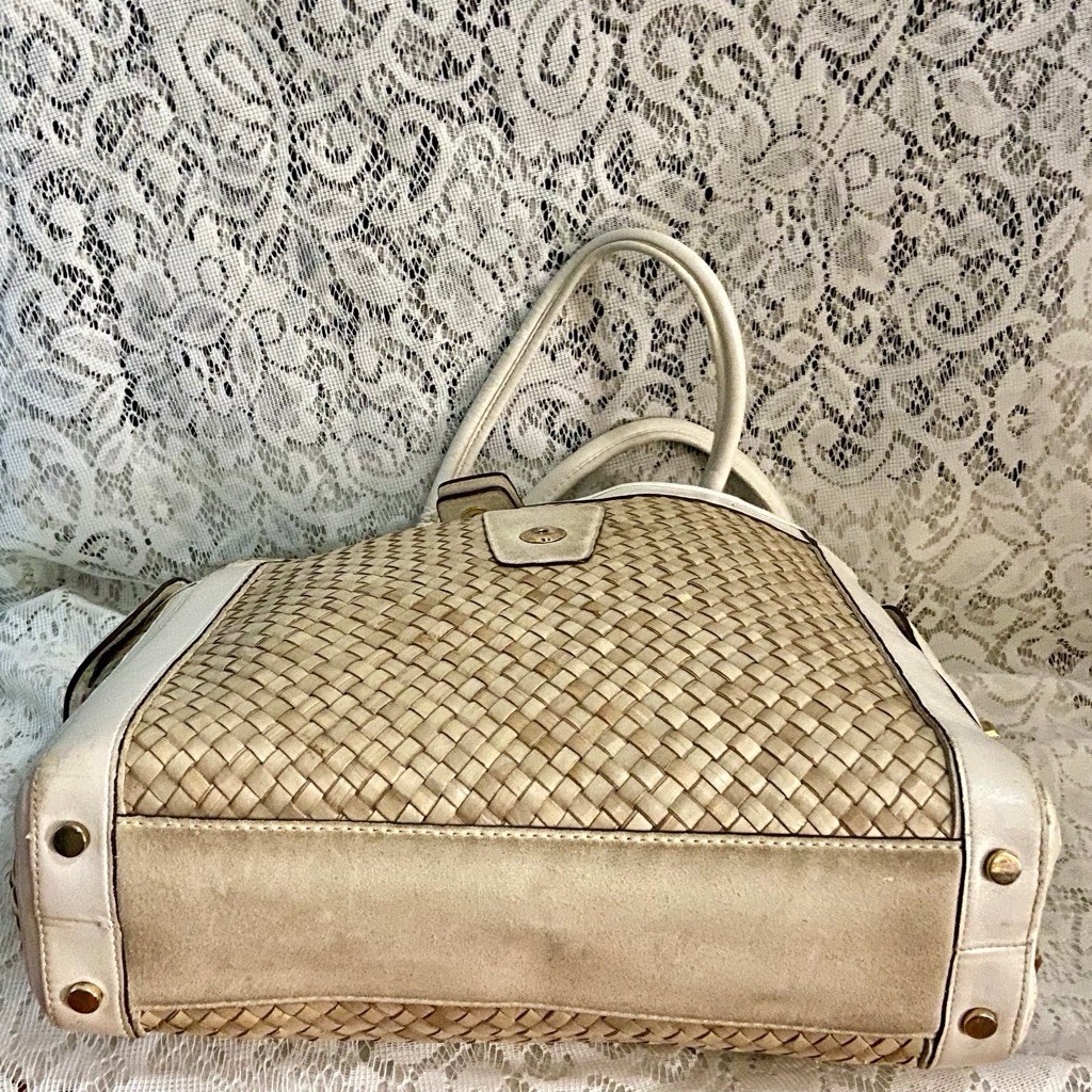 Coach 4433 Beige Straw w/ Suede Leather Trim Satchel- Shoulder Bag
