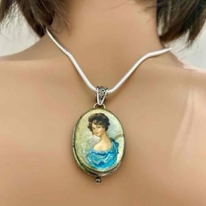 Antique Cameo, Miniature Hand painted Lady -Sterling Pendant Necklace (B)