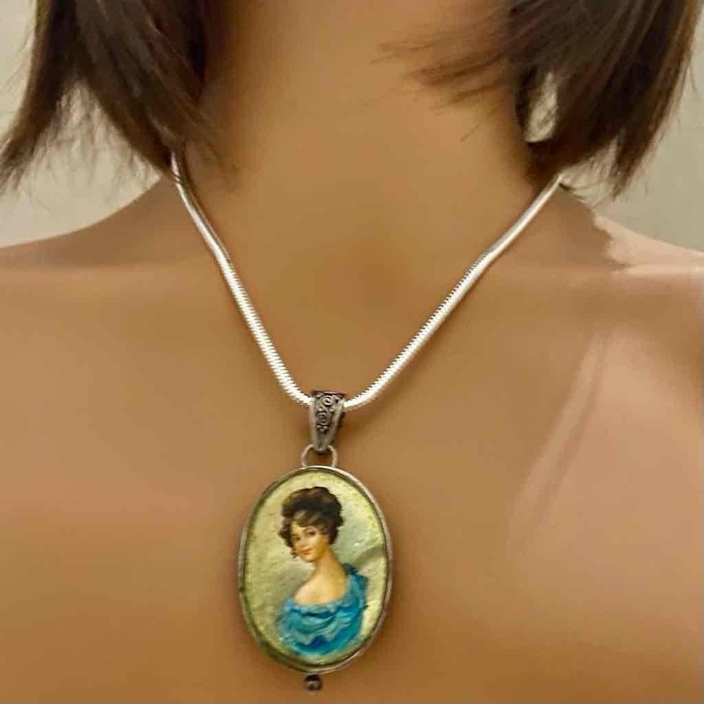 Antique Cameo, Miniature Hand painted Lady -Sterling Pendant Necklace (B)