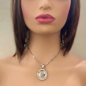 Antique Silver- Glass Cameo of a Lady Pendant 16-inch Necklace